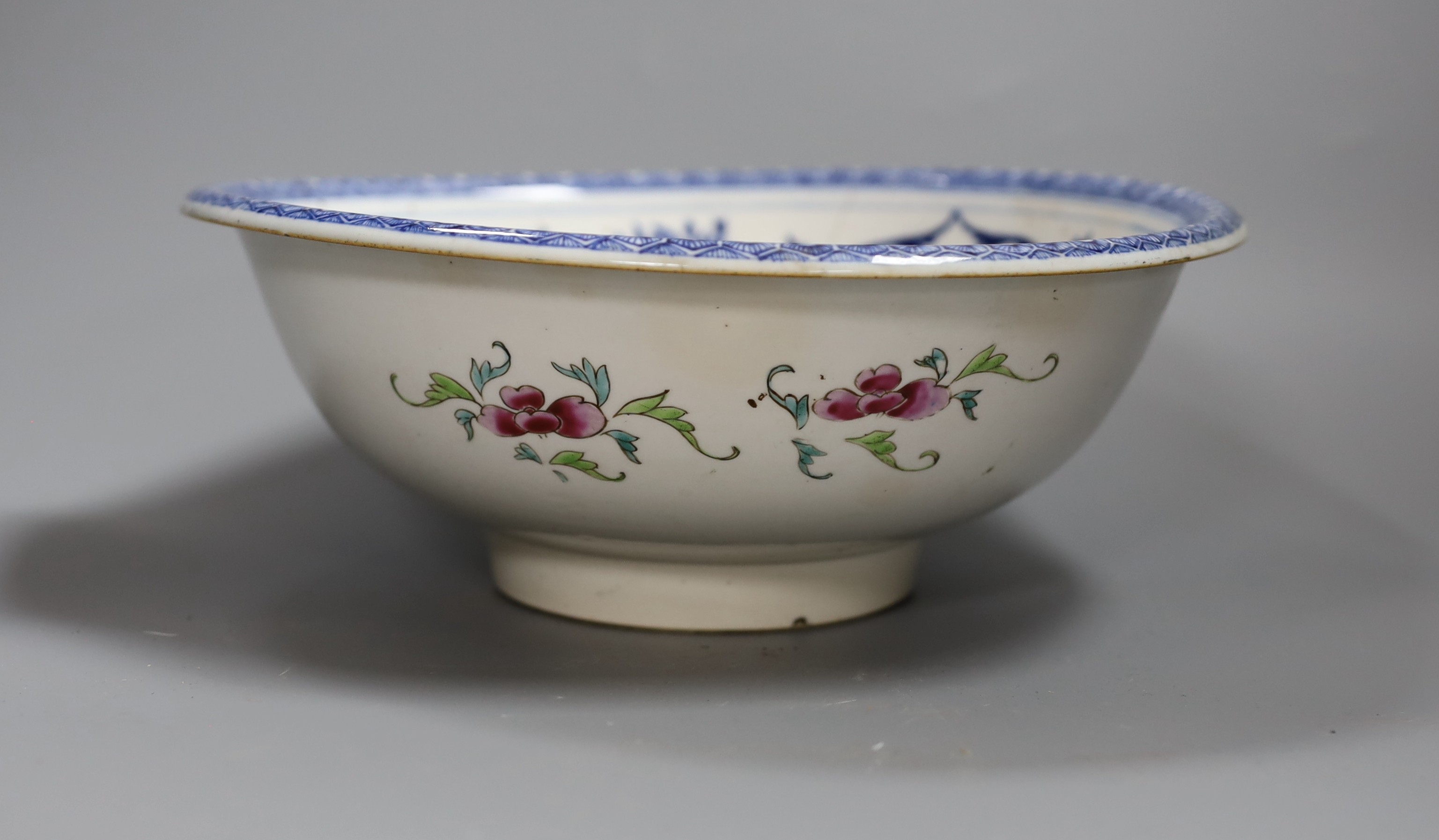 A Chinese underglaze blue and famille rose decorated basin or bowl, Qianlong period, 27 cm diameter